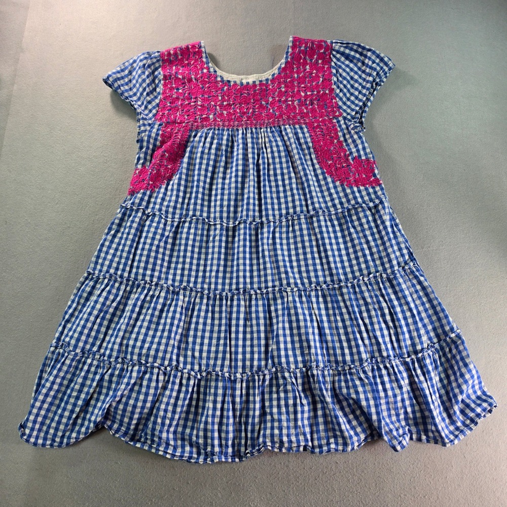J. Marie Small Blue Gingham Embroidered Pink Floral Tiered Dress Cottagecore